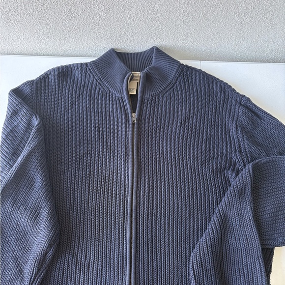 L L Bean Men XXL Navy Blue Ribbed Zip Up Front Cardigan Cotton Fisherman Sweater - Picture 4 of 9